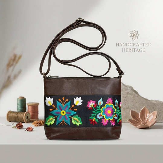 Flower Embroidered Leather Crossbody Bag