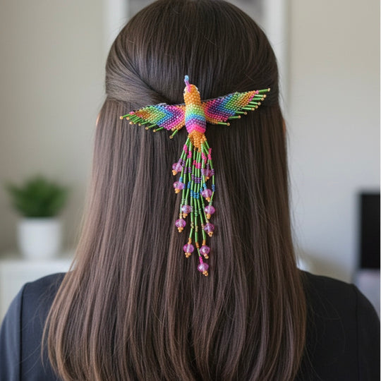 Orange and light green Hummingbird Barrette with Fringes