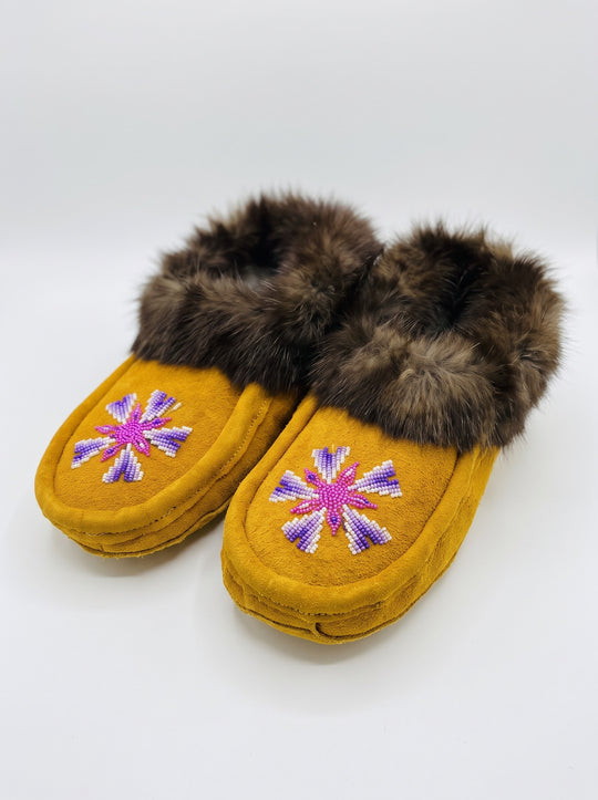 Yellow Moccasins with Beadwork (Size 10)