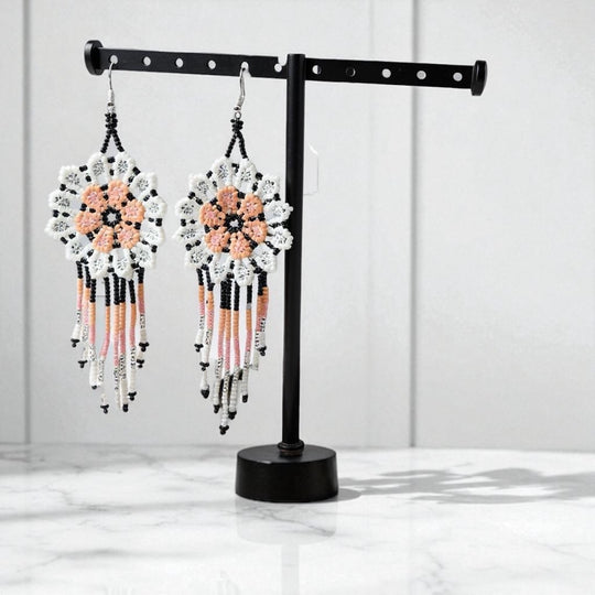 Peach white Flower beaded Earrings
