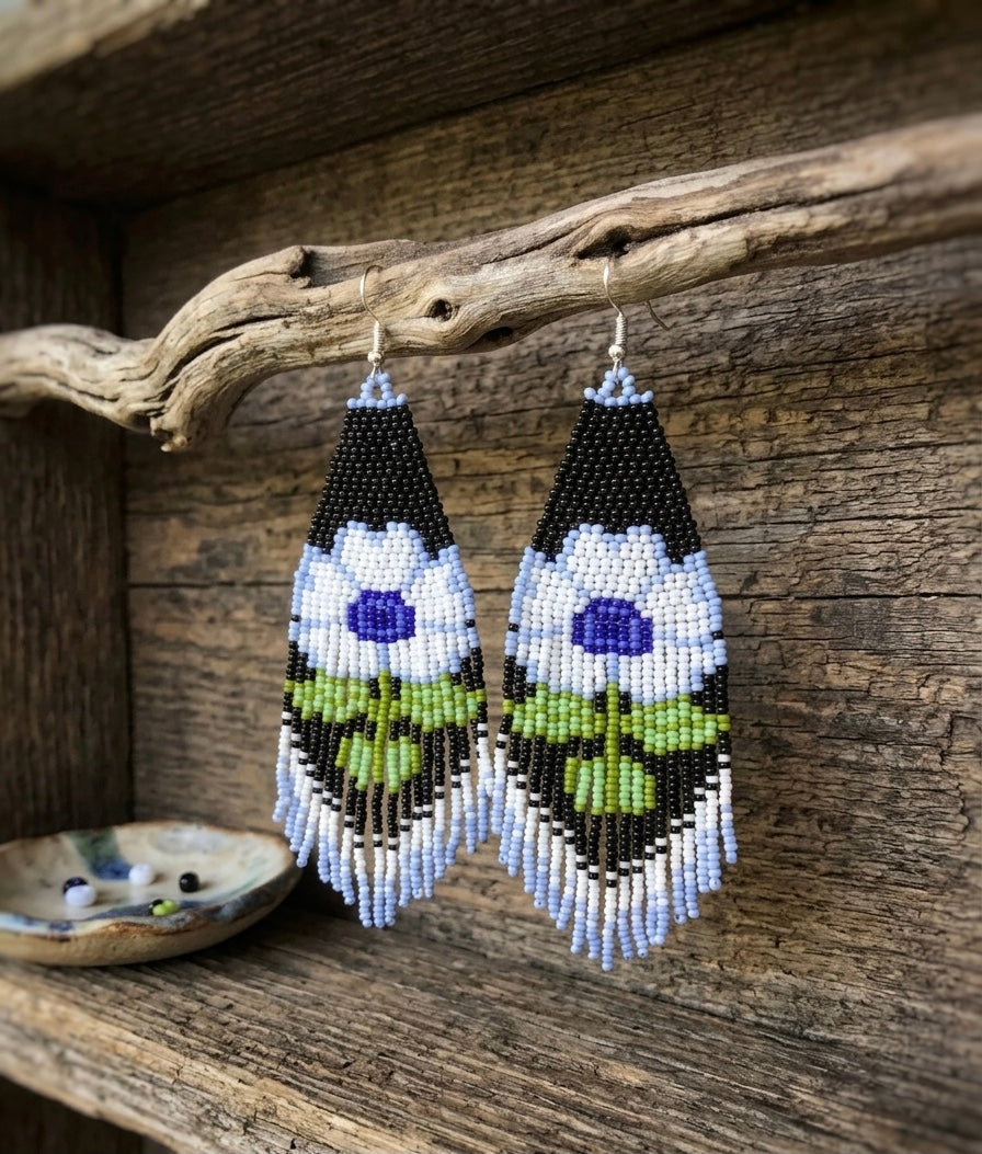Flower Beaded Earrings ( Blue )