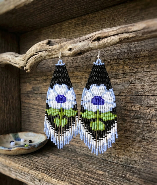 Flower Beaded Earrings ( Blue )