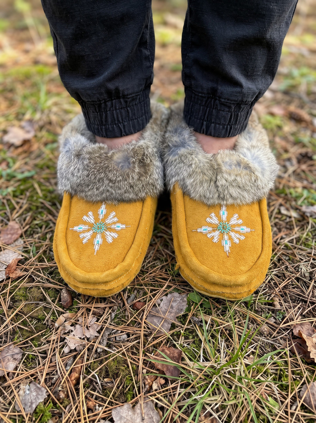 Yellow Moccasins with Beadwork (Size 10)