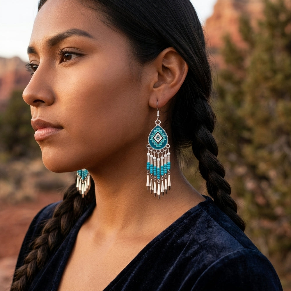 Southwestern Fringe Drop Earrings(Turquoise)