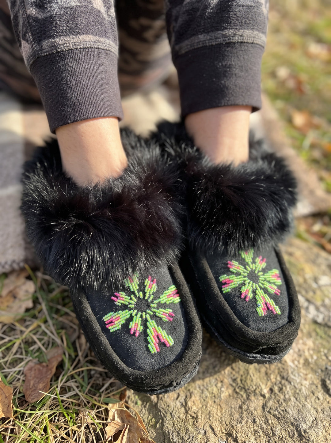 Black Moccasins with Beadwork (Size 7)