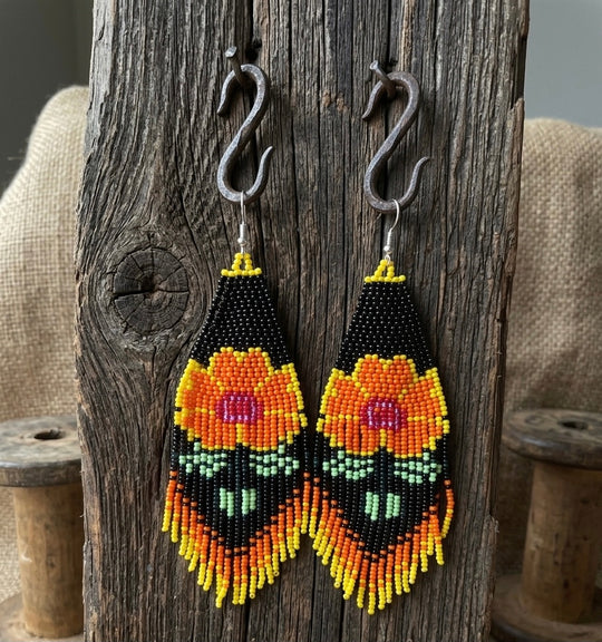 Flower Beaded Earrings ( Orange )