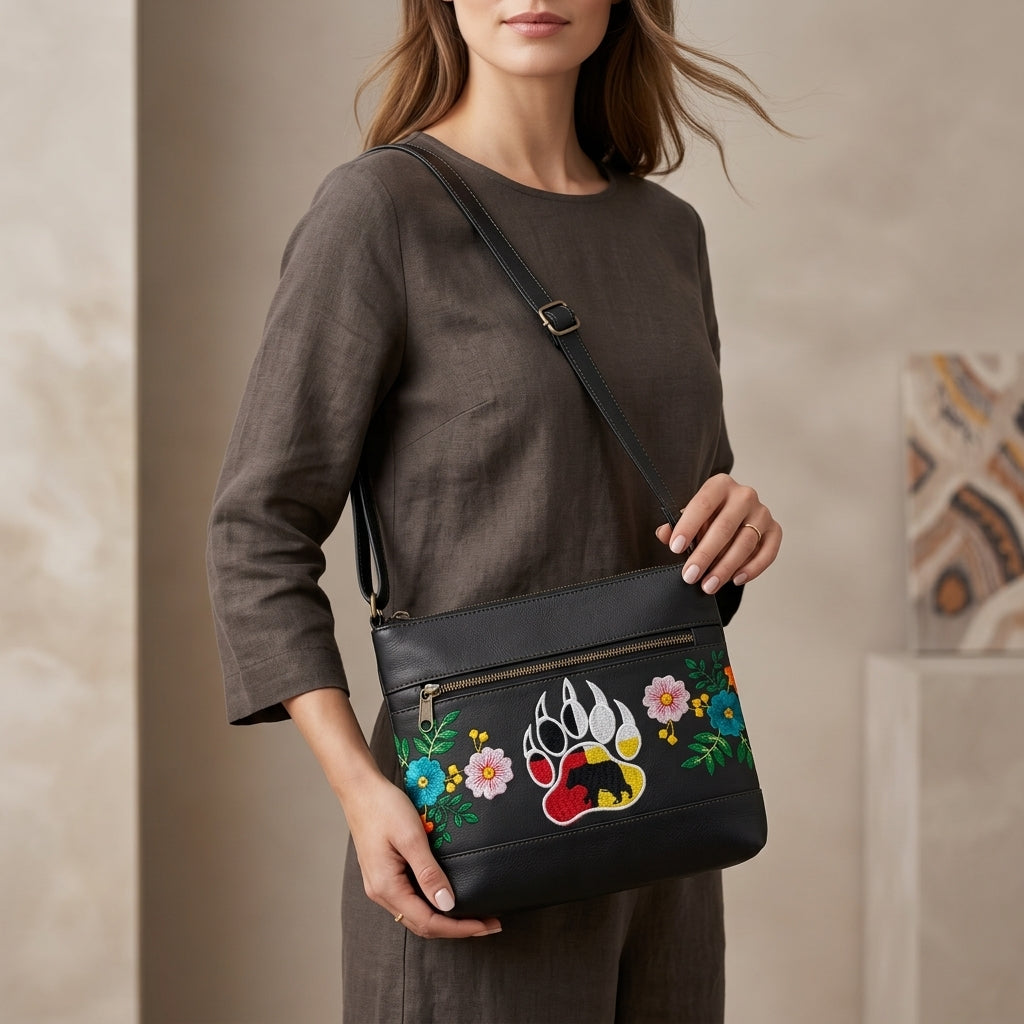 Bear paw Embroidered Leather Crossbody Bag