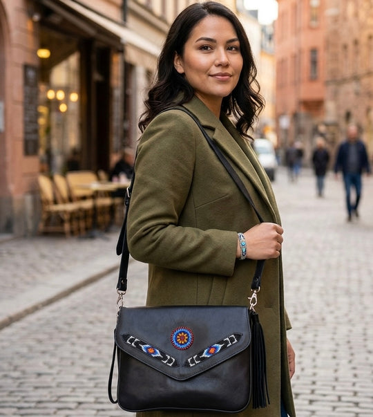 Leather beaded Crossbody bag(Black)