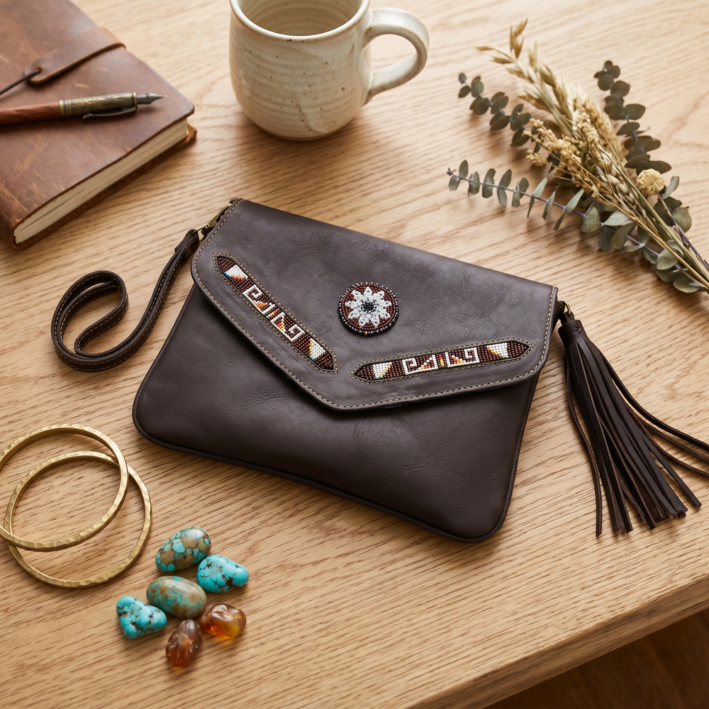 Leather beaded Crossbody bag(Chocolate Brown)