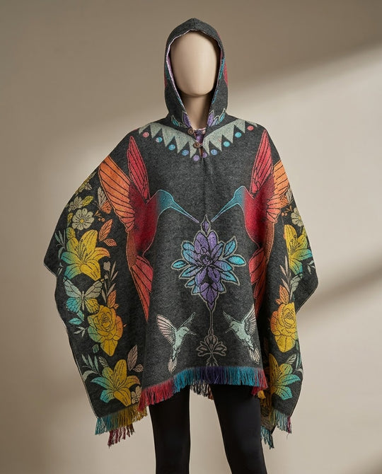 Hummingbirds  / flowers HandMade Wool Poncho