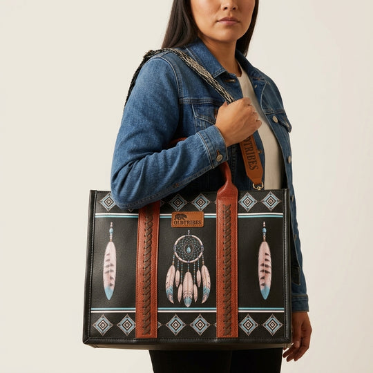 OLDTRIBES™  Leather Handbag (Feathers and Dreamcatcher)