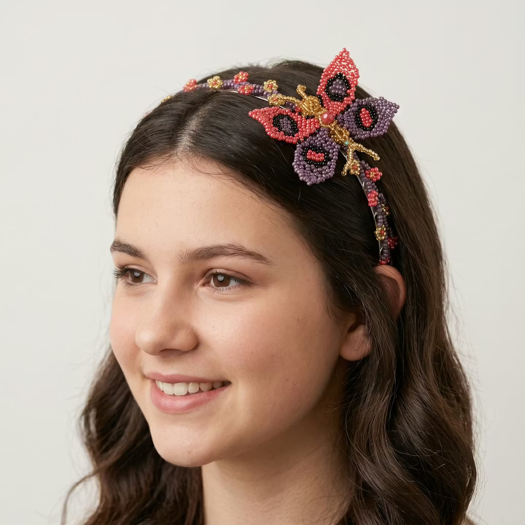 Beaded Headband with Butterfly Purple