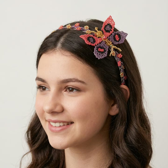 Beaded Headband with Butterfly Purple