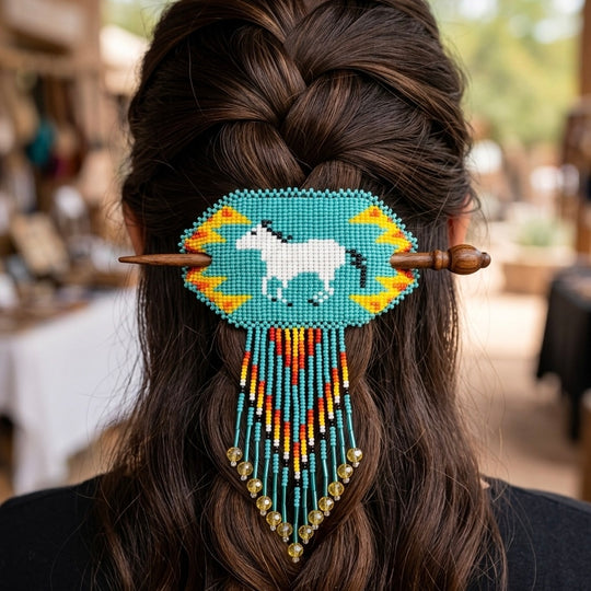 Fringed Beaded Barrette &amp; Wooden Stick Horses