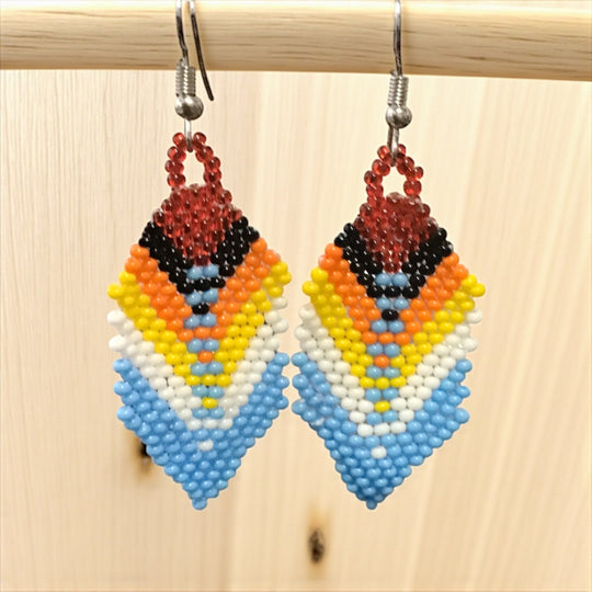 OldTribes™ Red  and light Blue Beaded Feather Drop Earrings