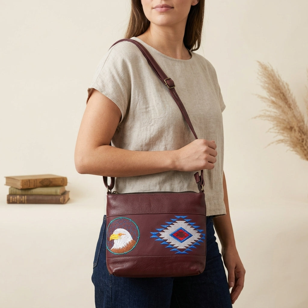 Eagle Embroidered Leather Crossbody Bag