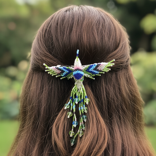 Green and Blue Hummingbird Barrette with Fringes
