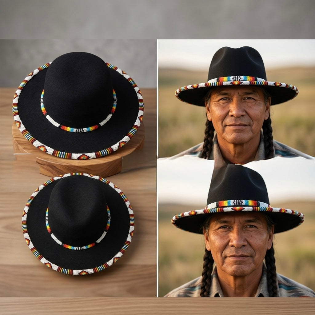Size-62 Beaded Flat&amp;Circular Brim Felt Hat
