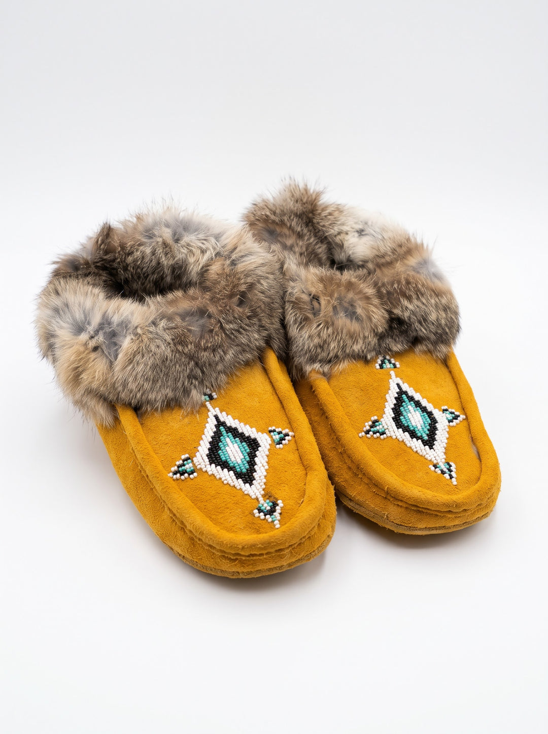 Yellow Moccasins with Beadwork (Size 8)