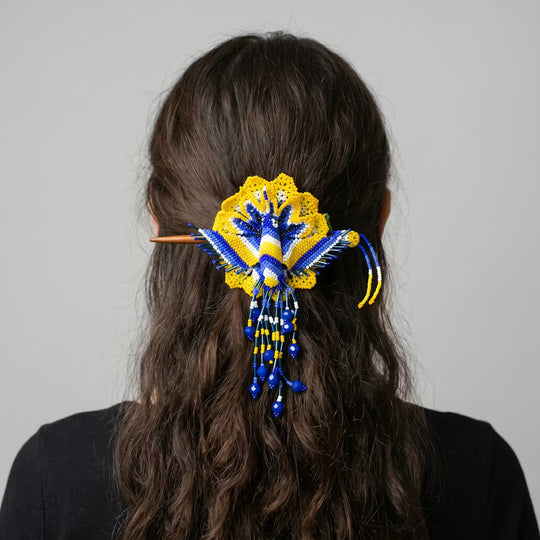 Maple Blossom Hummingbird Beaded Hair Stick Barrette Yellow