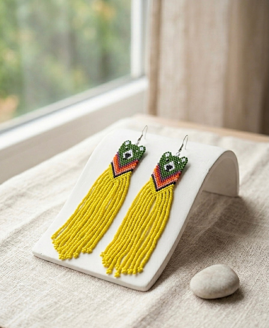 Green- Yellow Native Bear Beaded Earrings