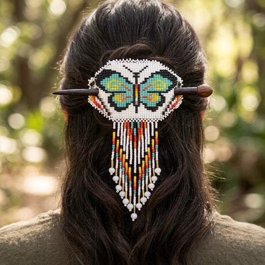 Butterfly Fringed Beaded Barrette &amp; Wooden Stick