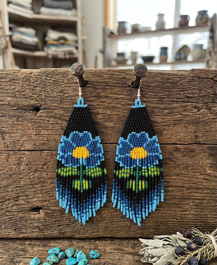 Flower Beaded Earrings ( Blue )