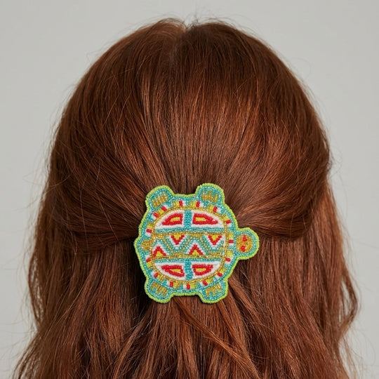 Beaded turtle Barrette Green accent