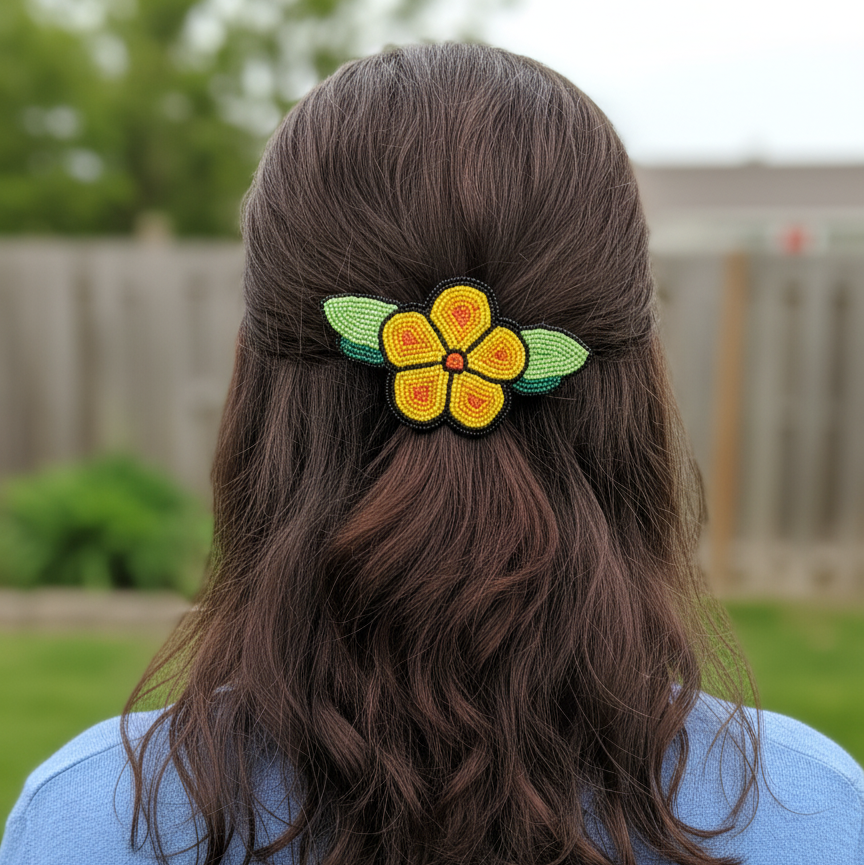 Yellow and Black Beaded Flower Barrette