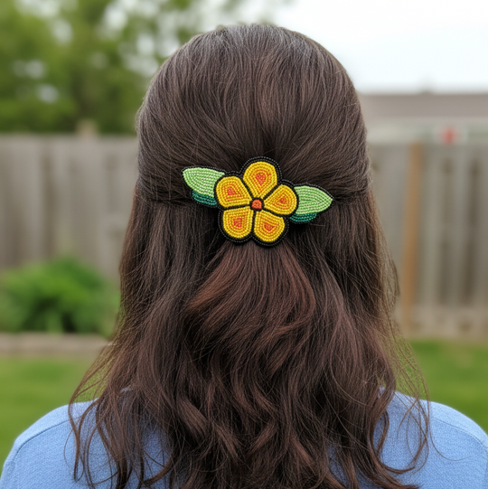 Yellow and Black Beaded Flower Barrette