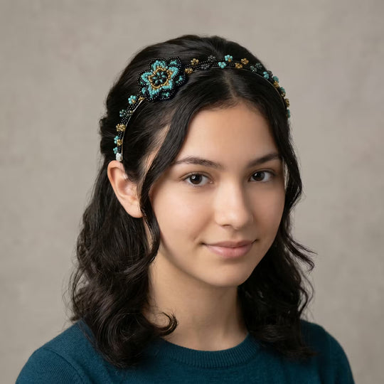 Beaded Headband with Flower Turquoise