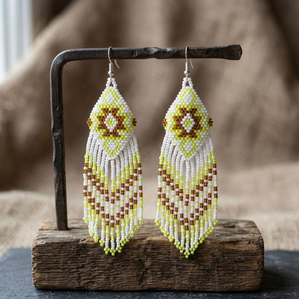 Fringe Bead Drop Earrings (White)