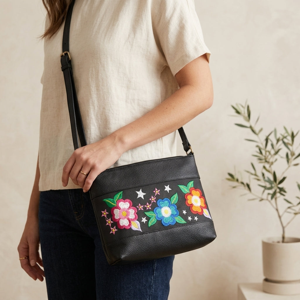 Flower Embroidered Leather Crossbody Bag