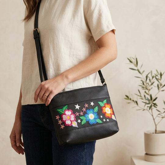 Flower Embroidered Leather Crossbody Bag