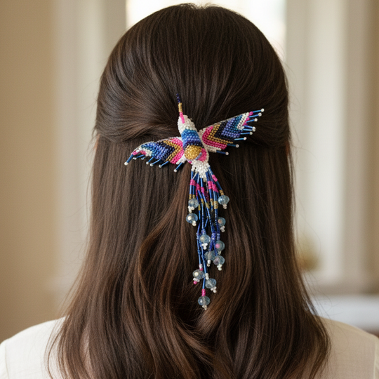 White and Blue Hummingbird Barrette with Fringes