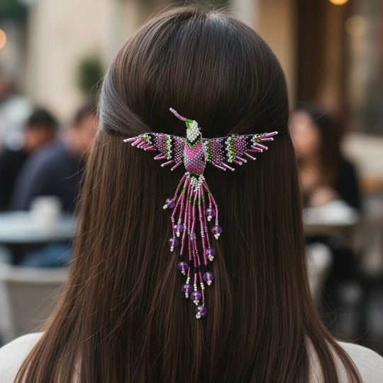 Purple and white  Hummingbird Barrette with Fringes