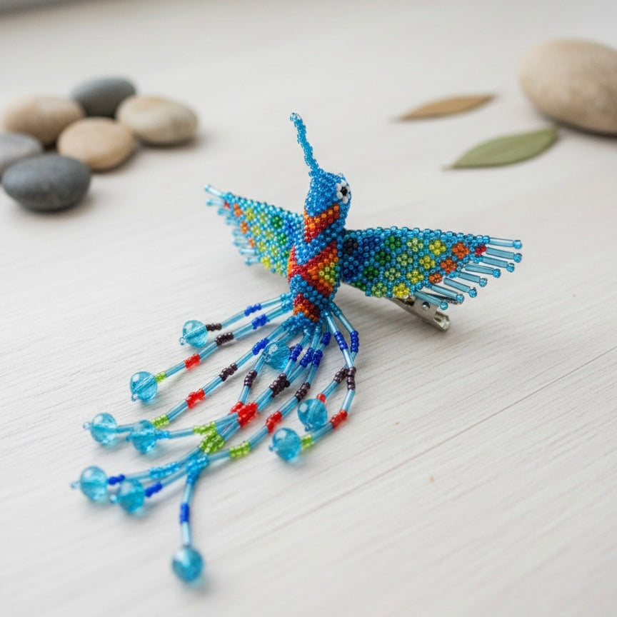 Blue Hummingbird Barrette with Fringes