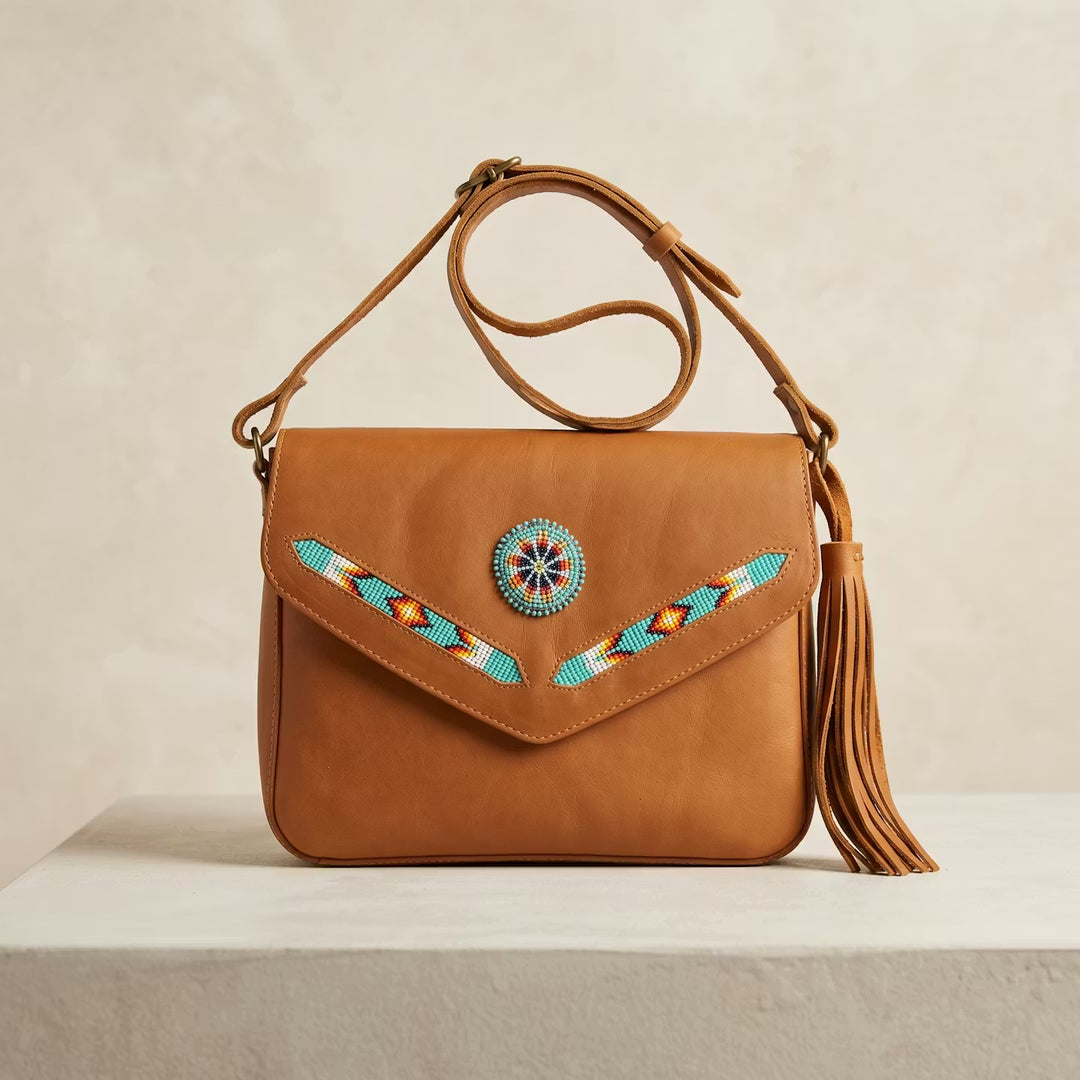 Leather beaded Crossbody bag(Brown)