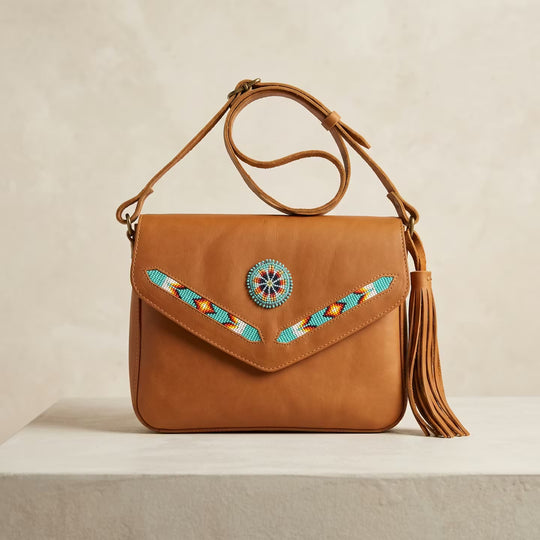 Leather beaded Crossbody bag(Brown)