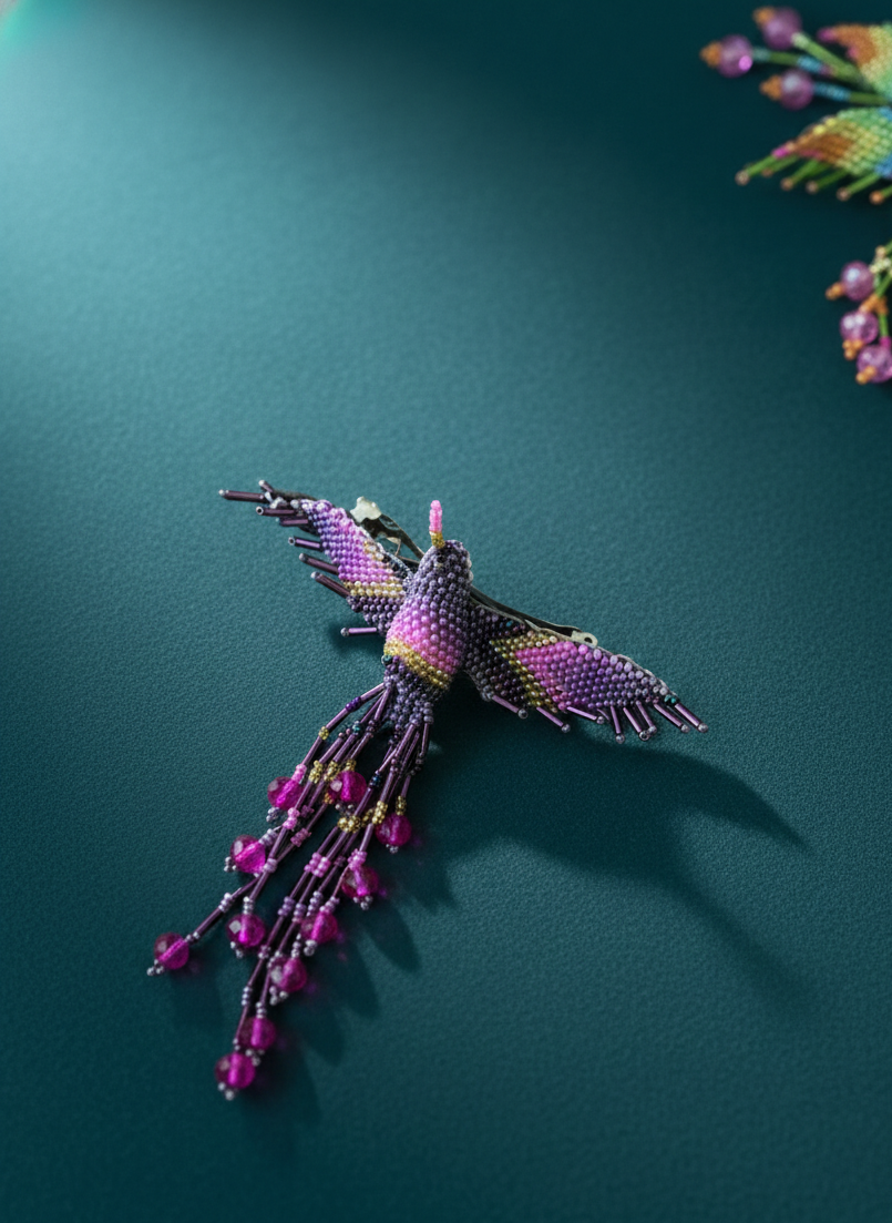 Purple yellow pink Hummingbird Barrette with Fringes