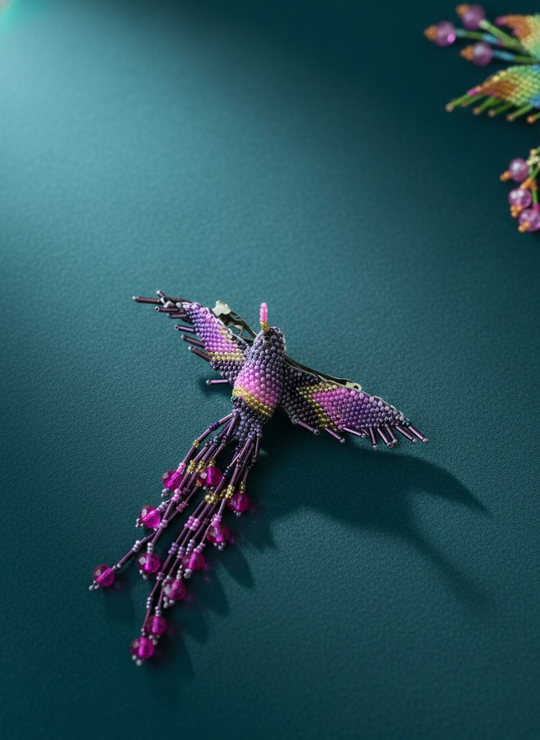 Purple yellow pink Hummingbird Barrette with Fringes