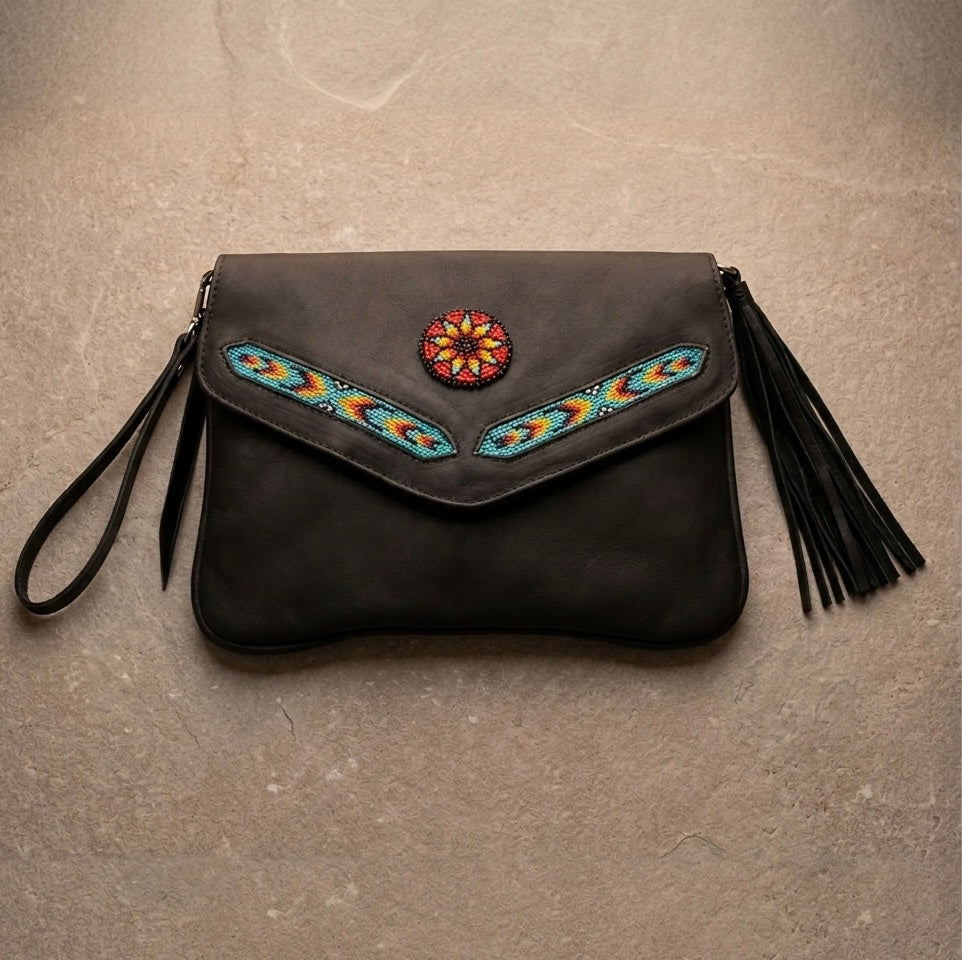 Leather beaded Crossbody bag(Black)