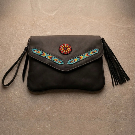 Leather beaded Crossbody bag(Black)