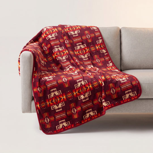 Southwestern Style Sherpa-Lined Queen Blanket(Red)