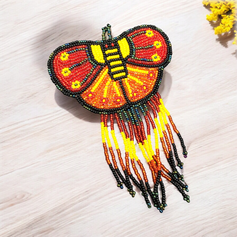 Butterfly Beaded Barrettes with Fringes - Red and Orange
