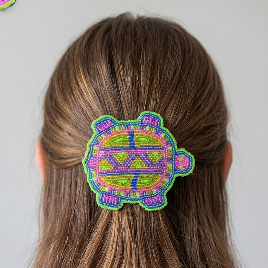Beaded turtle Barrette Green accent