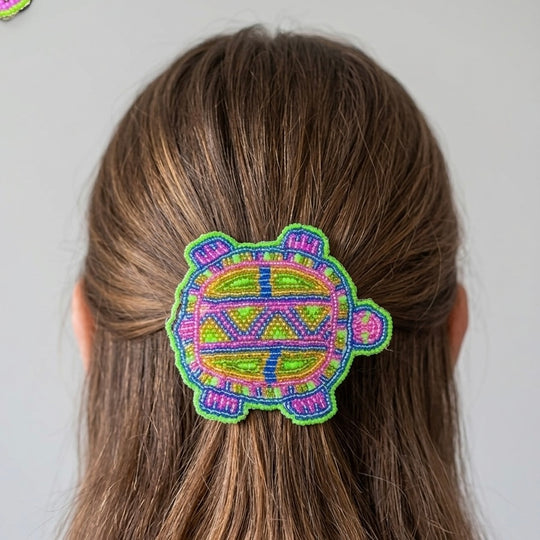 Beaded turtle Barrette Green accent