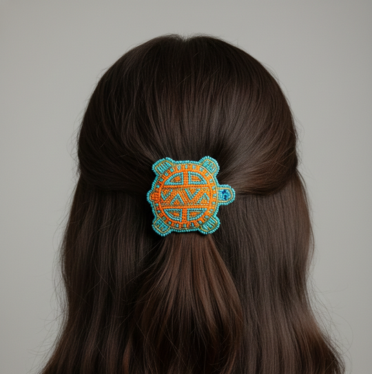 Turquoise and Orange Beaded turtle Barrette