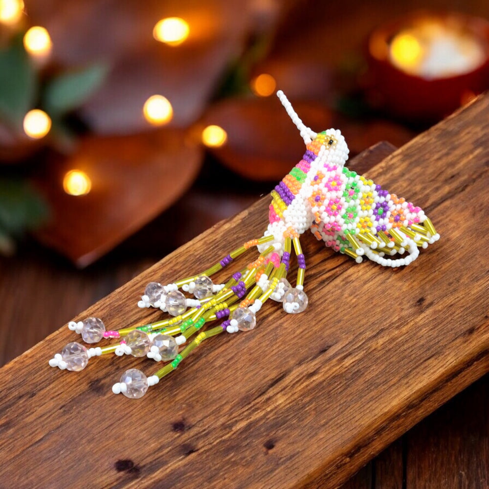 White and Green Beaded HummingBird