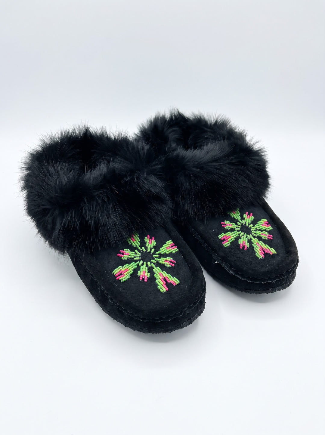 Black Moccasins with Beadwork (Size 7)